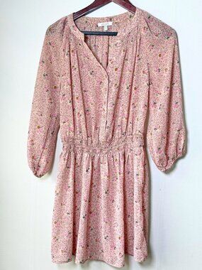 Pink Ditsy Floral Sheer Chiffon Smocked Dress XS Cottagecore Peasant Milkmaid